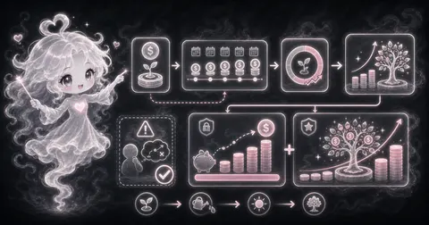 Smoke mascot points from a starter coin sprout through monthly deposit calendars, a growth gauge, risk warning, piggy-bank chart, and a final coin tree.