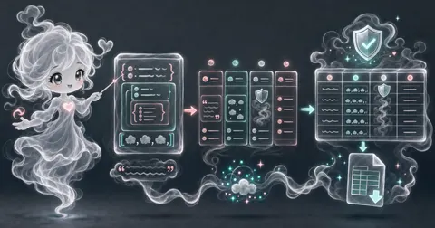 Full-body smoke-kawaii mascot explaining nested JSON boxes, flattened CSV columns, protected cells, and a downloadable table.