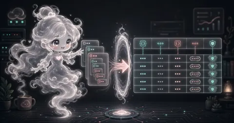 Full-body smoke-kawaii mascot guiding nested JSON cards through a conversion portal into protected CSV table columns.