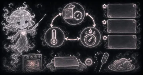 Smoke mascot pointing at recipe notes, a thermometer, gas-flame oven dial, fan oven, baking tray, probe thermometer, and roast for the Oven Temperature Converter guide.