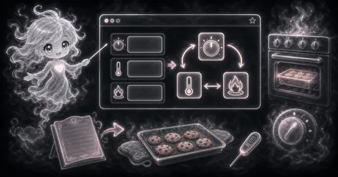 Smoke mascot beside an oven temperature converter panel, oven dial, thermometer, gas flame icon, cookie tray, and probe thermometer.