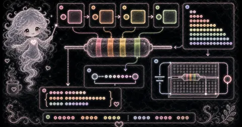 Guide image for Resistor Calculator showing decode 4-band resistor color codes into ohms and tolerance range with example inputs and result notes.