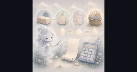 Smoke mascot pointing at a shopping box, price tag, coin stack, receipt, and calculator for the Sales Tax Calculator guide.