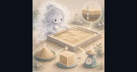 Illustration for Sand Calculator showing estimate sand cubic yards and tons from length, width, depth, density, and waste.