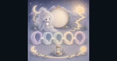 Smoke mascot beside a moonlit clock, five glowing sleep-cycle loops, an hourglass, and a sunrise trail.