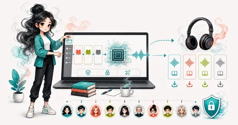 Full-body smoke-kawaii mascot turning text cards into downloadable audio beside a laptop, headphones, fixed voice choices, and a privacy shield.