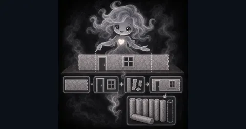 Smoke mascot measuring room walls beside wallpaper rolls, window cutouts, pattern-repeat marks, waste percent, and cost tags.