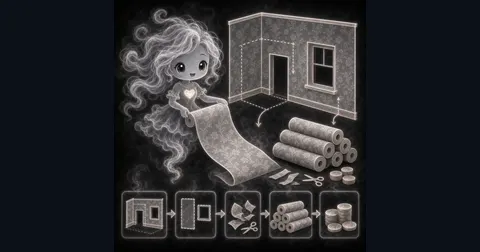Smoke mascot beside a wallpaper roll estimator screen with room size, doors, windows, roll coverage, waste percent, and rolls needed.