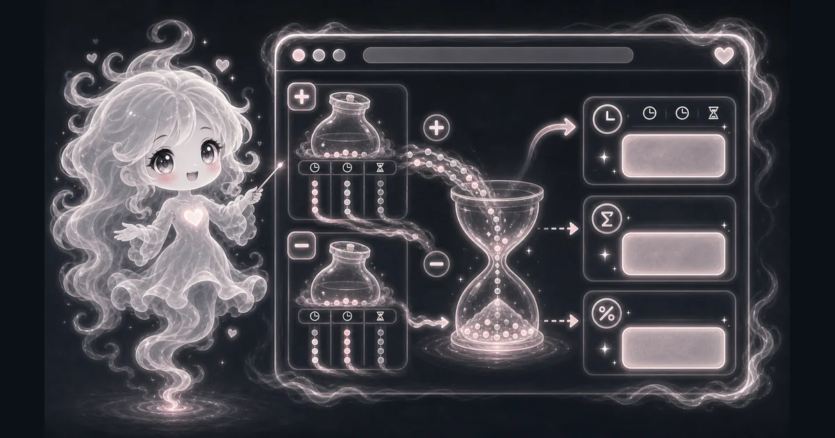 Time Calculator artwork matches the live tool workflow for duration addition, subtraction, normalized H:M:S, total seconds, and decimal hours. Illustration for Time Calculator showing add or subtract hours, minutes, and seconds with normalized H:M:S, total seconds, and decimal hours.