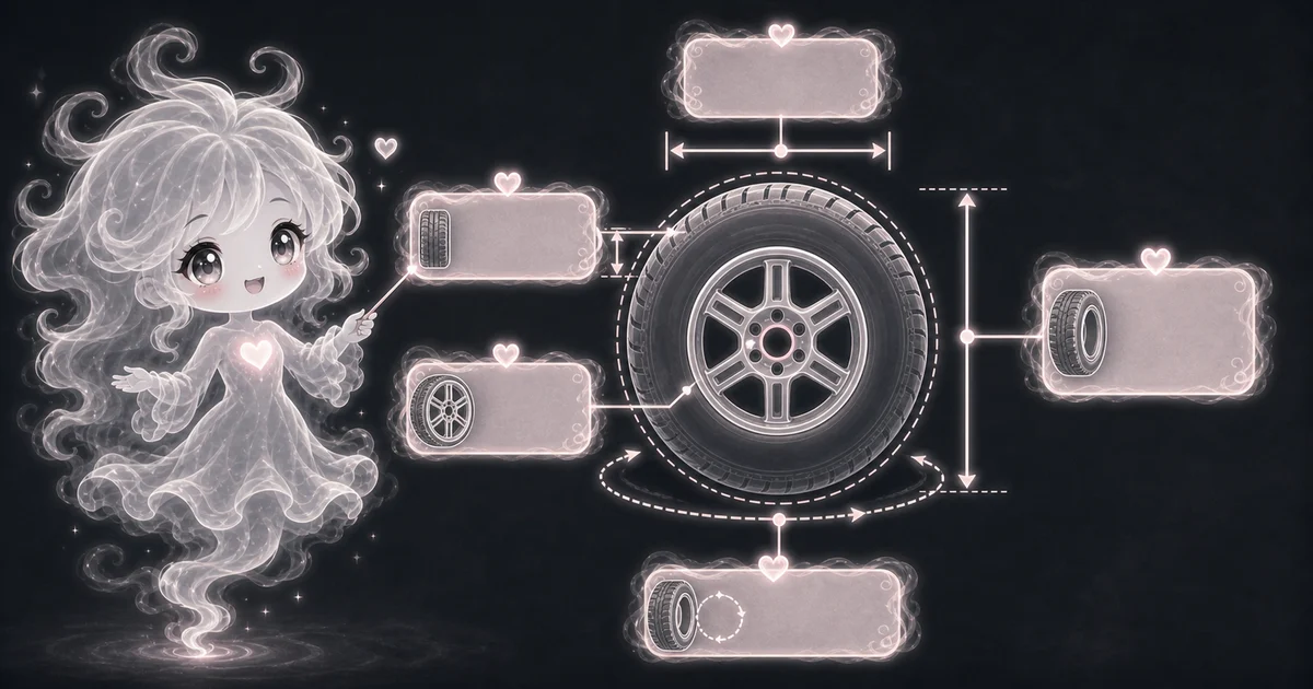Tire Size Calculator guide artwork supports the walkthrough for reading a metric tire size, interpreting sidewall height, checking diameter changes, and avoiding fitment mistakes. Guide image for Tire Size Calculator showing tire diameter, sidewall height, circumference, and revs per mile with example inputs and result notes.