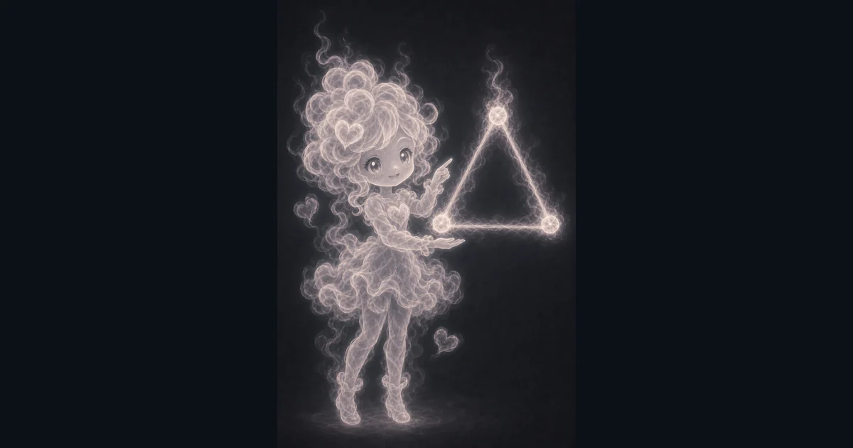 The tool art matches the SSS workflow: enter three side lengths, then check area, perimeter, angles, and triangle type. Smoke mascot beside a labeled triangle, side-length inputs, angle arcs, and a small area grid.