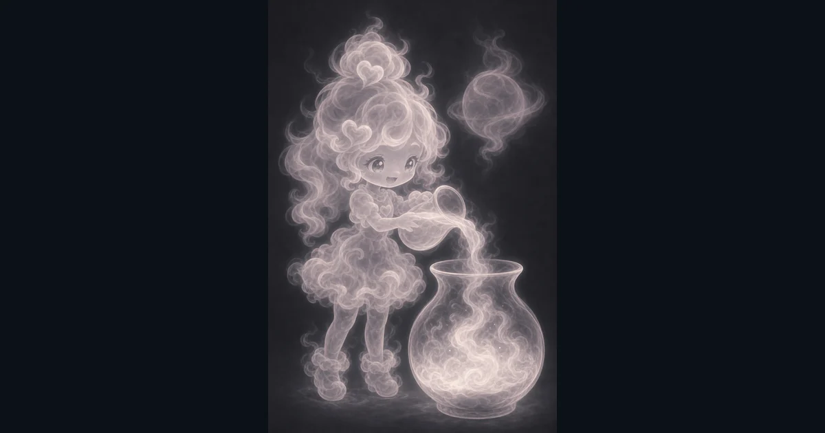 Volume Calculator guide artwork supports the walkthrough by showing capacity, round-shape volume, and cubic-space thinking. Smoke mascot pouring glowing volume into a round jar while a small sphere floats nearby.