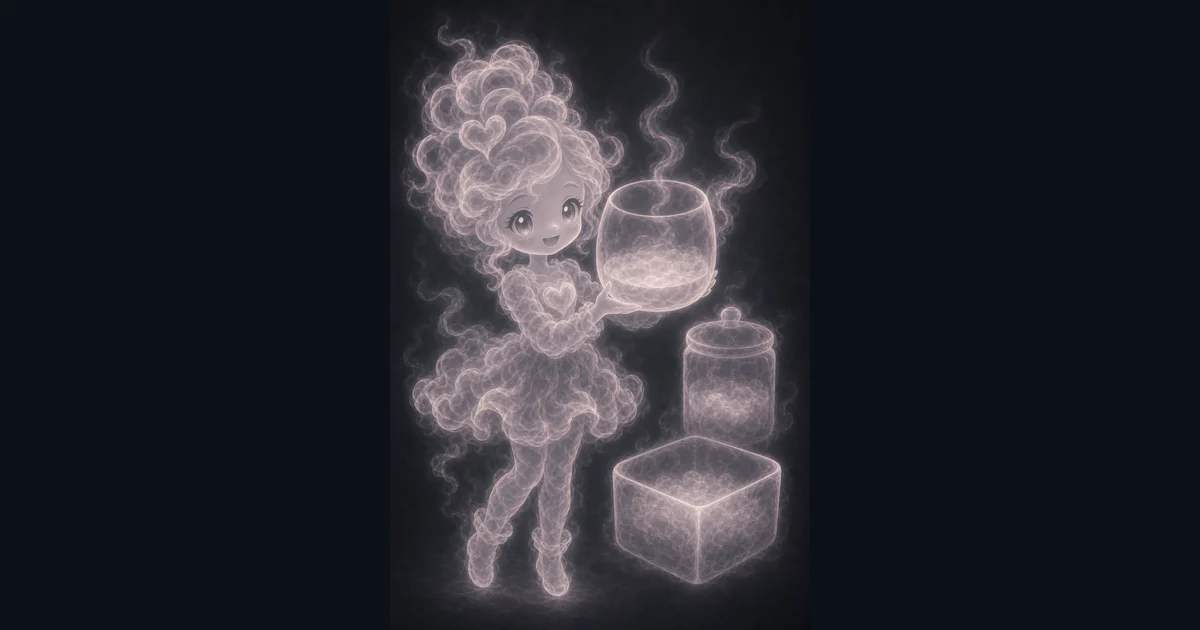 Volume Calculator artwork matches the live workflow: choose a box, cube, cylinder, sphere, or cone shape, then enter the matching dimensions. Smoke mascot beside a glowing sphere bowl, cylinder, and box showing the shapes used for volume calculations.