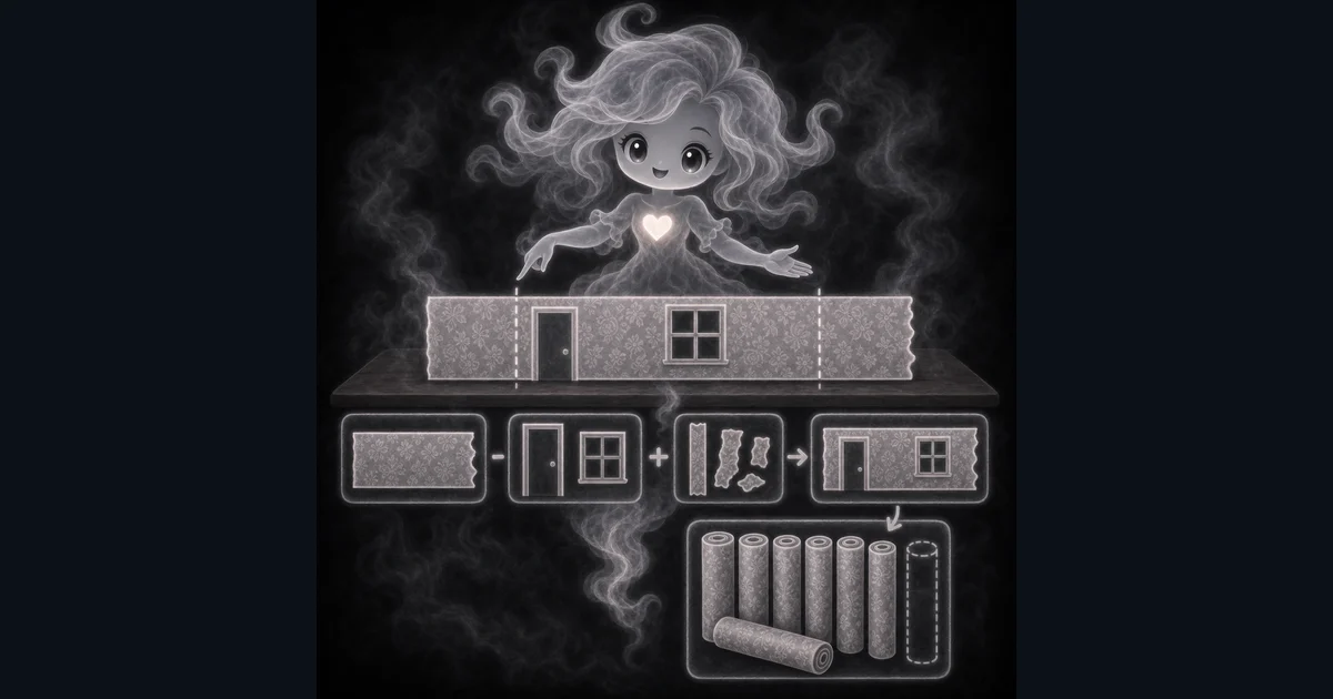 Wallpaper Calculator guide art matches the walkthrough: measure the walls, subtract openings, add waste, check pattern repeat, and buy whole rolls. Smoke mascot measuring room walls beside wallpaper rolls, window cutouts, pattern-repeat marks, waste percent, and cost tags.