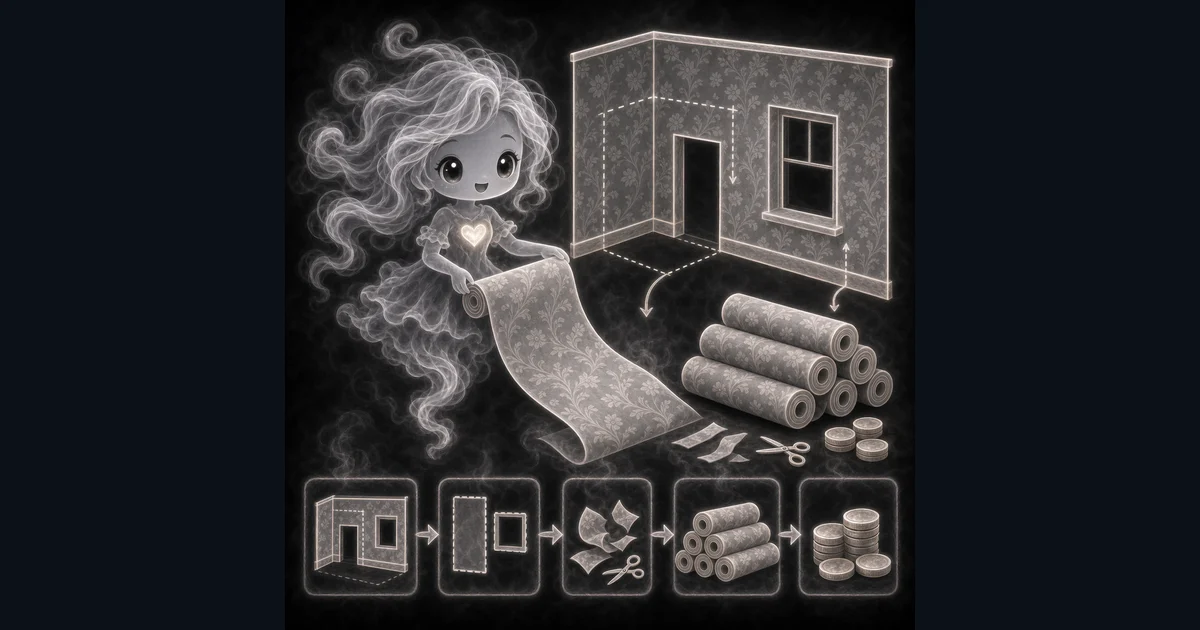 Wallpaper Calculator art shows the tool inputs that matter: room size, openings, roll coverage, waste percent, whole-roll rounding, and optional roll cost. Smoke mascot beside a wallpaper roll estimator screen with room size, doors, windows, roll coverage, waste percent, and rolls needed.