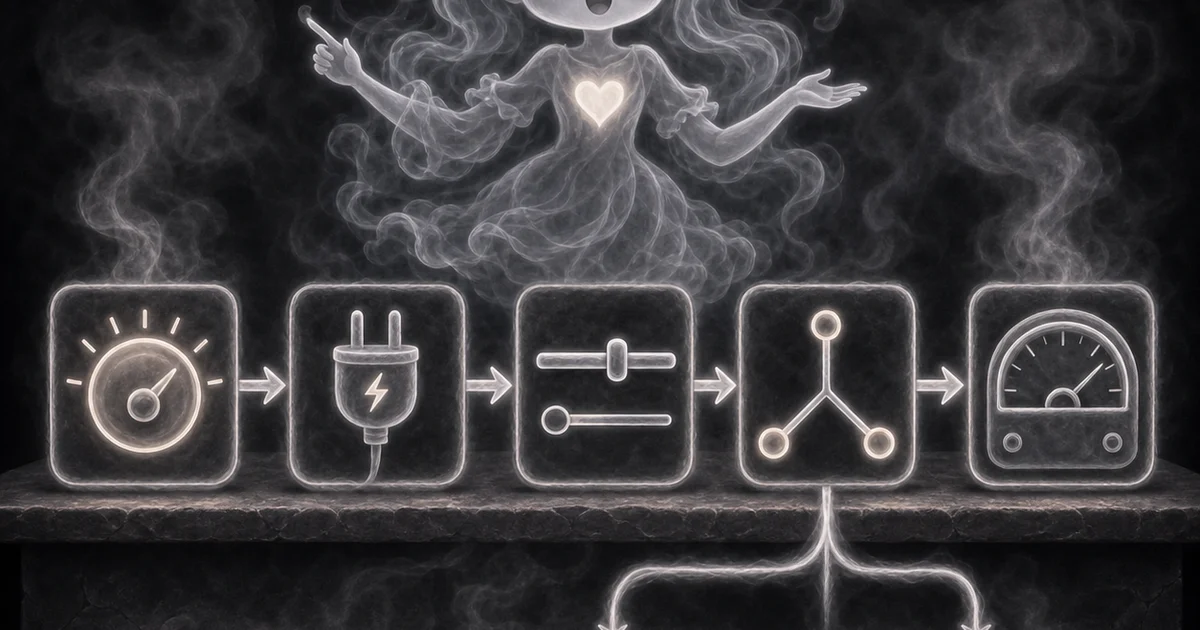 Watts to Amps Calculator guide artwork supports the walkthrough by showing DC and AC formulas, power factor, three-phase math, example current draw, and safety limits. Smoke mascot explaining watts divided by volts, power factor, square-root-of-3 three-phase math, and breaker-safety caution cards.