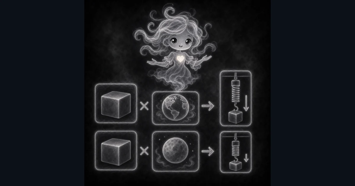 Weight Calculator guide artwork supports the walkthrough for mass x gravity, newtons, pounds-force, planet gravity examples, and the difference from BMI or ideal-weight tools. Smoke mascot explaining mass times gravity with Earth, Moon, and Mars examples plus BMI and ideal-weight reminder cards.