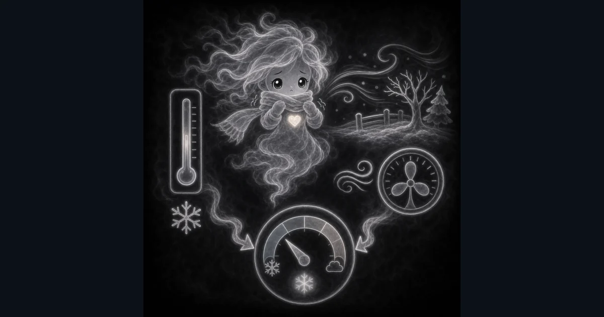 Wind Chill Calculator artwork matches the live workflow: enter Fahrenheit temperature and mph wind speed, then read the NWS-formula wind chill result, Celsius conversion, example checks, and outdoor-safety limits. Illustration for Wind Chill Calculator showing air temperature, wind speed, Fahrenheit and Celsius wind chill results, and cold-weather limits.